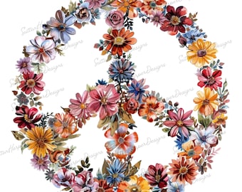 Könnte beinhalten: Ein Peace-Zeichen aus Aquarellblumen in den Farben Rosa, Rot, Orange, Gelb, Blau und Grün. Die Blumen sind in einem Kreis um das Peace-Zeichen angeordnet.