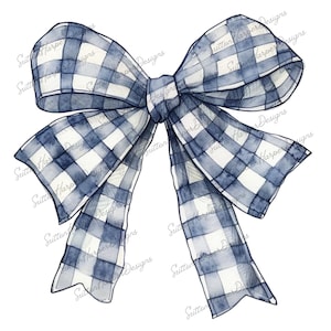 Navy Blue Gingham Ribbon Bow Coquette PNG watercolor illustration, blue gingham bow png clipart, cute coquette bow png, trendy bow pngs