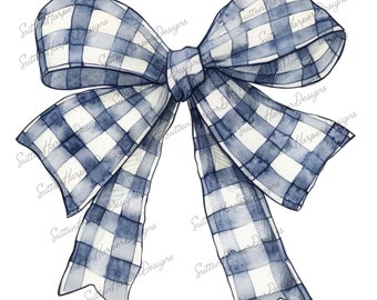 Navy Blue Gingham Ribbon Bow Coquette PNG watercolor illustration, blue gingham bow png clipart, cute coquette bow png, trendy bow pngs