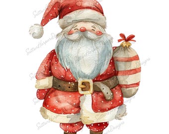 May include: Watercolor illustration of Santa Claus wearing a red and white suit with a white beard and a red hat. He is holding a striped sack in his right hand.