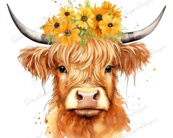 Highland Kuh Aquarell Clipart Süße Highland Kuh Blumen Baby Kuh PNG Kommerzielle Nutzung Schottische Kuh Grafikdesign Illustration Druck PNG