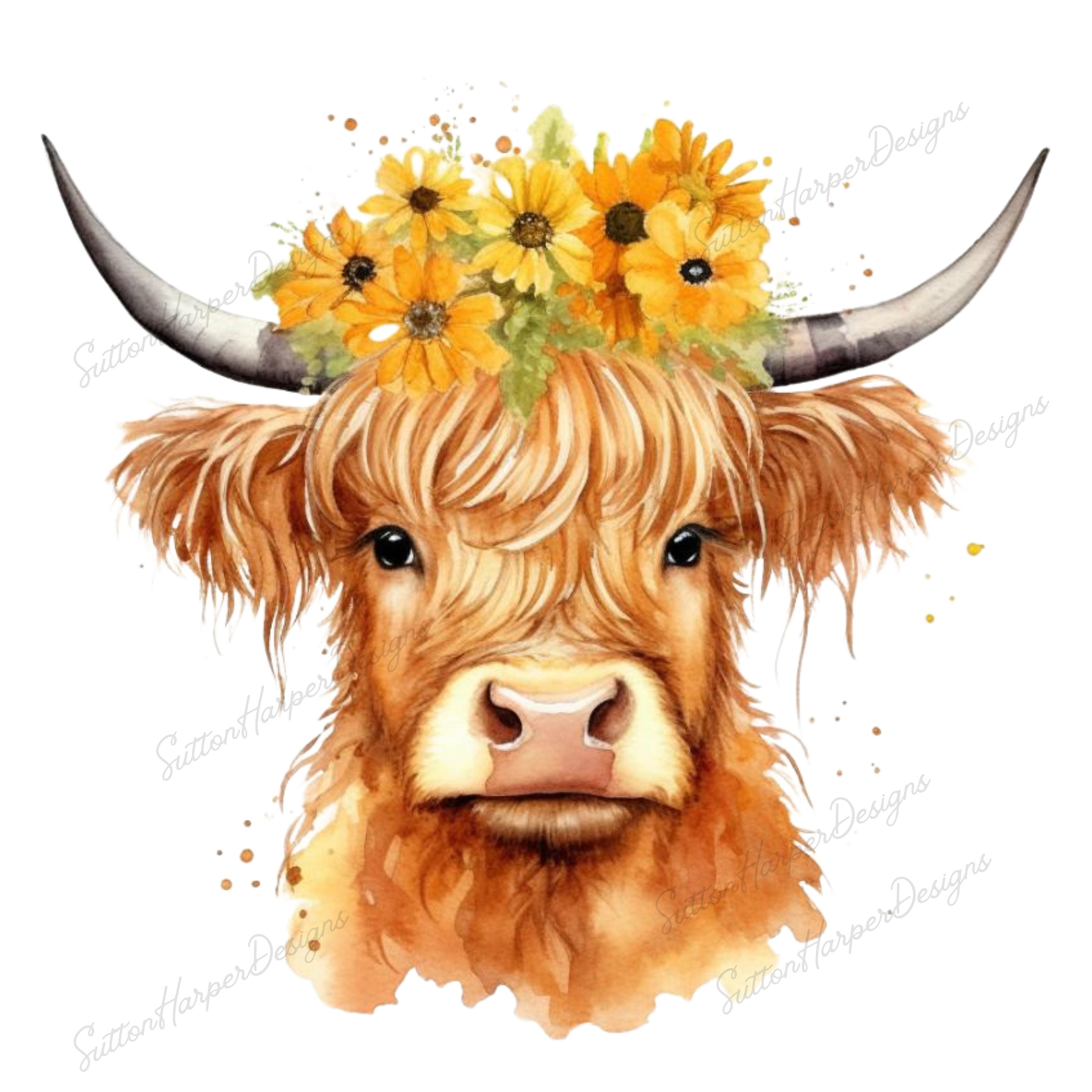 Highland Cow Watercolor Clipart Cute Highland Cow Flowers Baby Cow PNG ...