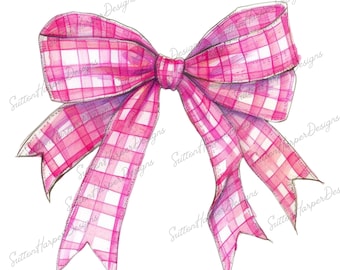 Pink Gingham Bow PNG, Coquette pink gingham ribbon bow png illustration clipart design, pink bow png, coquette png, bow png, pink bow png