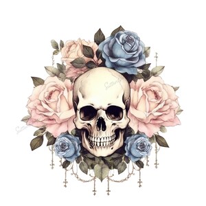 Boho Style Cottagecore Whimisgoth Skull and Roses PNG, Cottagecore Halloween Skull PNG, Cottagecore Pastel Skull Roses Halloween PNG