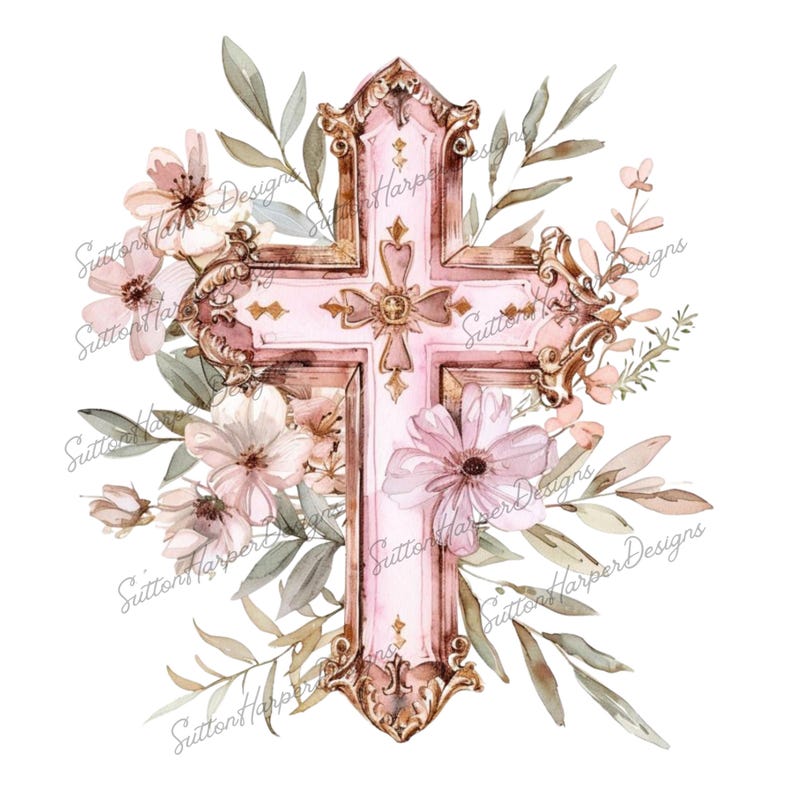 Op de afbeelding: Een roze en gouden kruis met sierlijke details is omgeven door delicate aquarelbloemen in roze en witte tinten. De bloemen zijn rond het kruis gerangschikt en cre&euml;ren een prachtig en symbolisch ontwerp.