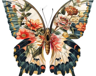 Floral Print Cottagecore Butterfly Illustration Image PNG t shirt design digital download, beautiful butterfly png, trendy png, summer png