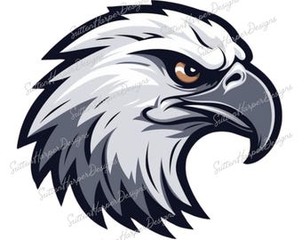 May include: A white and gray eagle head mascot with a black outline. The eagle has a sharp, piercing gaze and a strong beak.