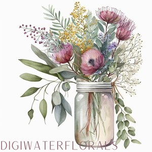 Watercolor Wild Floral Blush Greenery Eucalyptus Bouquet Clipart - 20 PNG Bundle