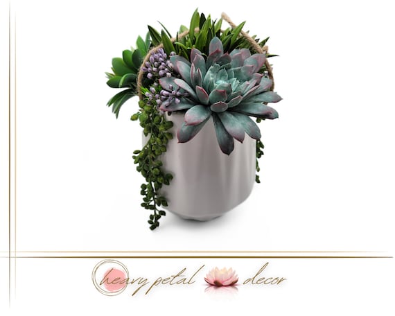 Faux Succulent Arrangement in a Hanging White Ceramic Pot | Decorative Plant  | Succulent Home Decor | Artificial Floral Arrangement - Etsy