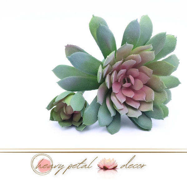 Soft Touch Faux Succulent Pick with Baby 7" by 5.5" D - Green/Pink | Echeveria | Dusted | High Quality Artificial Plant | 1 count