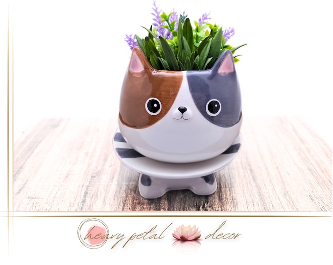 Cat Planter with Drainage Hole and Footsie Platter | Cat Ceramic Succulent Planter | Cute Animal Planter | Plant Pot | *Planter only*