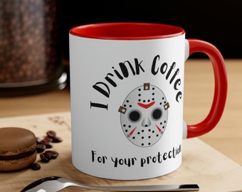 Bebo café para tu protección, taza con acento de color de 11 onzas