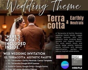 Boda con temática de terracota, tonos neutros tierra, decoración rústica y ambiente mediterráneo (recursos digitales).