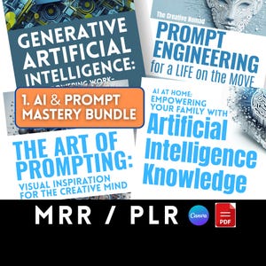 Peut inclure: Plusieurs couvertures de produits numériques sur l'intelligence artificielle et l'ingénierie des invites. Les titres incluent "Generative Artificial Intelligence", "Prompt Engineering" et "The Art of Prompting". L'image comprend également le texte "1. AI & Prompt Mastery Bundle."