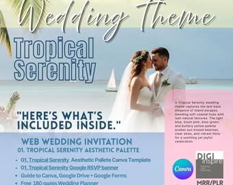 Planificador de bodas con temática de serenidad tropical, exuberante vegetación, tonos oceánicos y ambiente isleño.