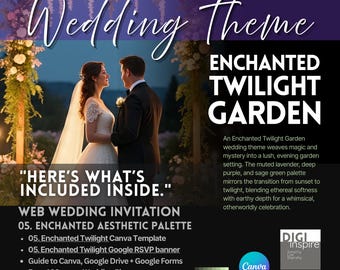 Tema de boda "Jardín encantado al atardecer", bosque místico, luces brillantes, decoración dorada (descarga digital)