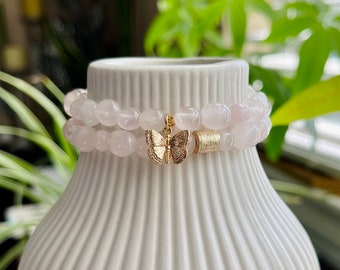 Rose Quartz Butterfly Bracelet Set