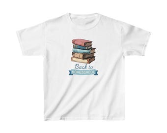 Kids First Day of Homeschool T-shirt. Youth Back to Homeschool Tee. Children&#39;s Stack of Books Shirt