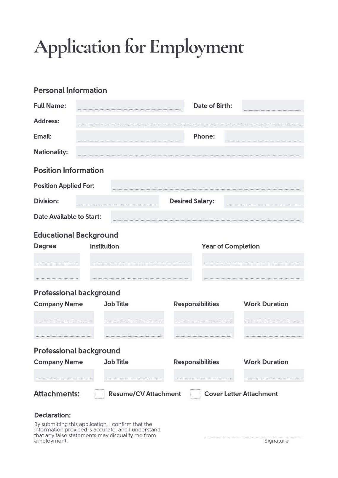 Printable Application for Employment Pdf for Office, Managment, Small ...
