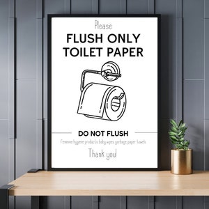 Placa de banheiro moderna com papel higiênico, dê descarga somente, aluguel de férias no Airbnb, placa para impressão para download, VRBO, restaurante, minimalista