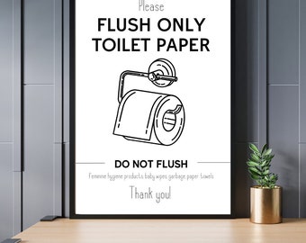 Modern Please Flush Only Toilet Paper Bathroom Sign, Airbnb Vacation Rental Printable Download Restroom Sign, VRBO, Restaurant, Minimalist