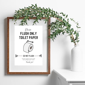 Bathroom Sign Flush Only Toilet Paper, Modern Airbnb, Vacation Rental, Office Printable Download Restroom Sign, VRBO, Restaurant, Minimalist