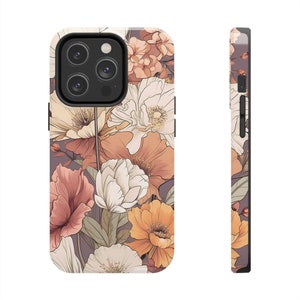 May include: A phone case with a floral design featuring a variety of flowers in shades of orange, pink, and white on a purple background.