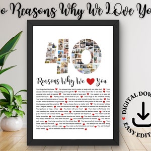 May include: A printable digital download of a 40th anniversary or birthday photo collage. The collage is in the shape of the number 40, with a list of 40 reasons why someone is loved. The text reads "40 Reasons Why We Love You".