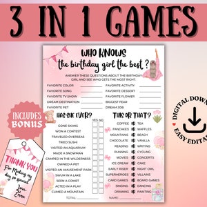 Wie kent de jarige het beste, bewerkbare afdrukbare schattige roze verjaardagsspel, zou ze liever hebben, Teens Tweens Birthday Party Games, Quiz WKB