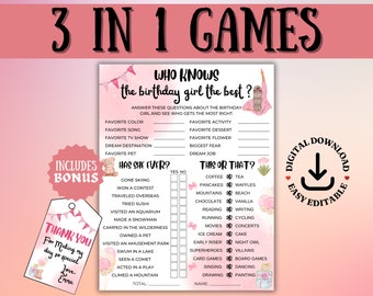 Jogo de perguntas e respostas para aniversariantes: Quiz da festa rosa (editável para impressão)