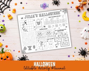 Mantel individual editable de actividades de Halloween para niños, hoja de trabajo imprimible de juegos de Halloween, página para colorear personalizada, clave de respuestas, plantilla de Canva