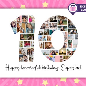10th Birthday Photo Collage, 10th Birthday Gift, Birthday Number 10 Printable, 10th Photo Collage Template, Editable 10th Birthday Poster
