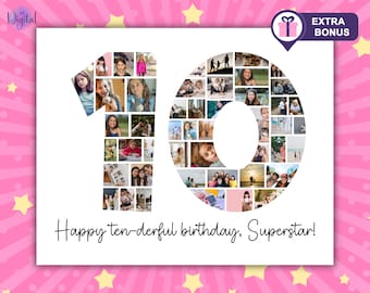 Plantilla de collage de fotos para el décimo cumpleaños: Número 10 editable e imprimible (descarga digital instantánea)
