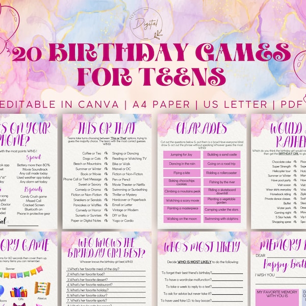 20 Birthday Games For Teens , Birthday Party Games , Birthday Games, Birthday Party Games for Women Bundle She , Birthday Party Activities