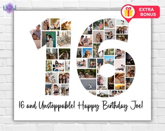 16th Birthday Photo Collage Gift | Personalized Number Template | Canva Editable Instant digital download