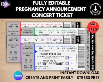Anúncio de gravidez em formato de ingresso de show editável, revelação do bebê (digital)