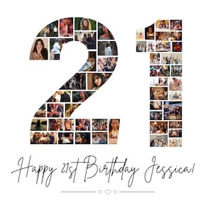 Fotocollage 21e verjaardag, afdrukbare verjaardag nummer 21, cadeau 21e verjaardag, 21e fotocollagesjabloon, bewerkbare 21e verjaardag, Canva