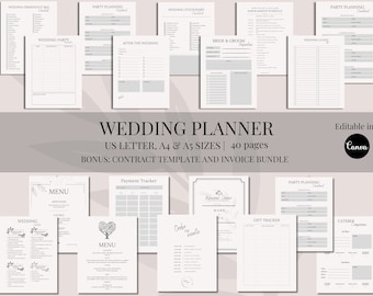 May include: A wedding planner with 40 pages, including checklists for party planning, wedding stationery, bride and groom preparation, wedding guest list, and a payment tracker. The planner is editable in Canva and includes a contract template and invoice bundle.