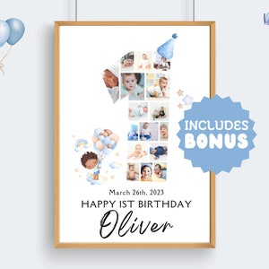 Glückliche 1. Geburtstag Fotocollage Vorlage, Fotocollage zum 1. Geburtstag für Baby Jungen, 1. Geburtstag Poster, Canva, Nummer Eins Collage