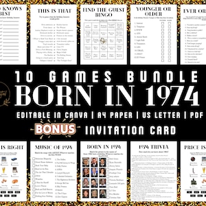 50th Birthday Games Bundle, Born in 1974 Birthday 50 year old Men Women Him Her, 1974 Trivia, 50th Birthday Party Games Editable Personalize