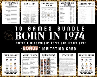 Paquete de juegos para el 51.º cumpleaños: Trivial de 1974, editable (PDF)