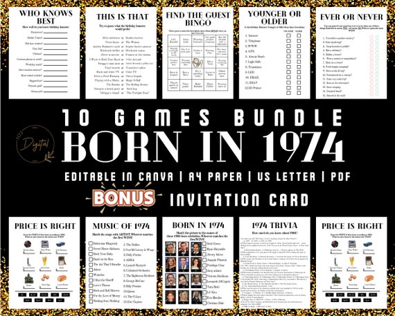51st Birthday Games Bundle: 1974 Trivia, Editable (PDF)