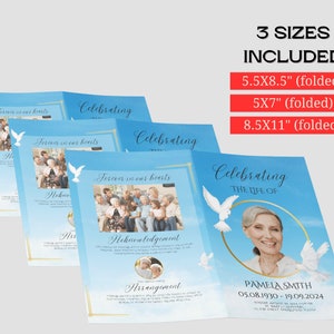 Pu&ograve; includere: Un modello di programma funebre blu e bianco con una foto di una donna e colombe. Il testo recita "Celebrating the Life of Pamela Smith 05.08.1930 - 19.09.2024". Il programma &egrave; disponibile in tre dimensioni: 5,5x8,5 pollici, 5x7 pollici e 8,5x11 pollici.