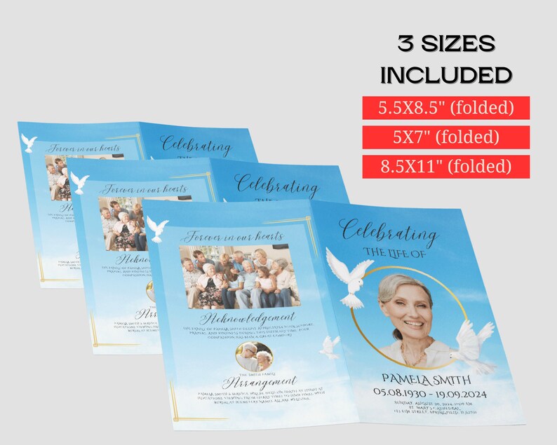 Pu&ograve; includere: Un modello di programma funebre blu e bianco con una foto di una donna e colombe. Il testo recita "Celebrating the Life of Pamela Smith 05.08.1930 - 19.09.2024". Il programma &egrave; disponibile in tre dimensioni: 5,5x8,5 pollici, 5x7 pollici e 8,5x11 pollici.