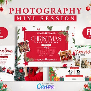 Puede incluir: Tres plantillas de mini sesión de Navidad para fotógrafos. Cada plantilla presenta un esquema de color rojo y verde con un árbol de Navidad festivo y regalos. El texto en las plantillas dice "Christmas Mini Session" e incluye detalles sobre la sesión, como la duración, la cantidad de imágenes digitales y el precio. Las plantillas se pueden editar fácilmente en Canva.