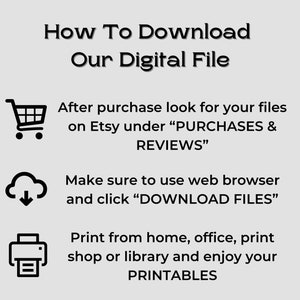 Pu&ograve; includere: Un'illustrazione in bianco e nero di un carrello della spesa, una nuvola con una freccia di download e una stampante. Il testo recita "Come scaricare il nostro file digitale" e fornisce istruzioni su come scaricare file digitali da Etsy.