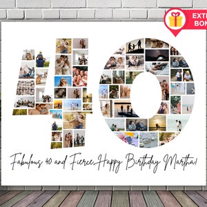Plantilla de collage de fotos de 40 cumpleaños, regalo personalizado, collage de números, regalo familiar, Canva, regalos para él y ella, 40 aniversario