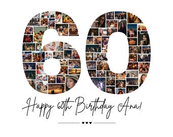 60th Birthday Photo Collage Template, Birthday Gift Grandma Grandpa, Personalized 60th Birthday Gift for Women, Him, Mom, Family Gift, Canva