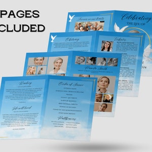 Pu&ograve; includere: Un programma funebre blu e bianco con un design a forma di colomba e aureola. Il programma include un necrologio, un ordine di servizio e tributi. Il testo "Celebrare la vita di" &egrave; in cima al programma.