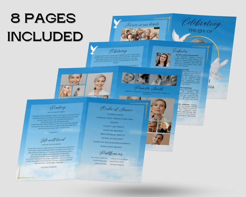 Pu&ograve; includere: Un programma funebre blu e bianco con un design a forma di colomba e aureola. Il programma include un necrologio, un ordine di servizio e tributi. Il testo "Celebrare la vita di" &egrave; in cima al programma.
